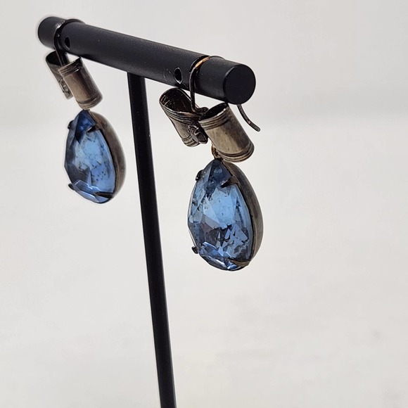 Blue Faceted Teardrop Silver Tone Brow Drop Dangle Hook Earrings Pierced Jewelry - Picture 3 of 6